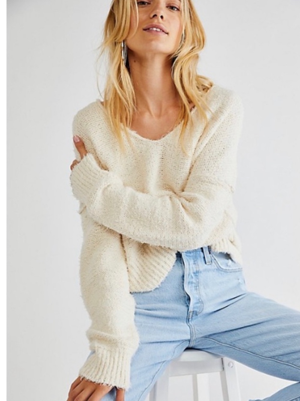 Free People Theo V Neck Cotton Sweater Ivory Size Small
